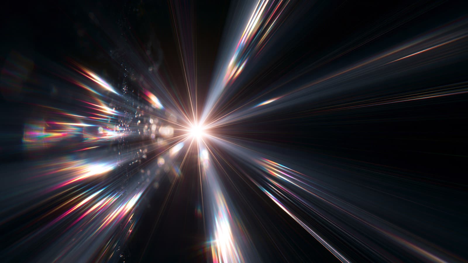 A starburst of light rays radiating from a single point in a dark void.
