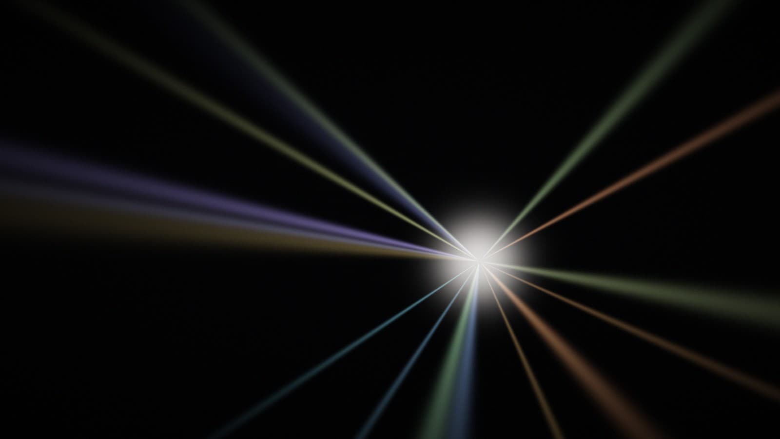 A dense starburst of dispersed rays thrown outward from one bright point in a void.